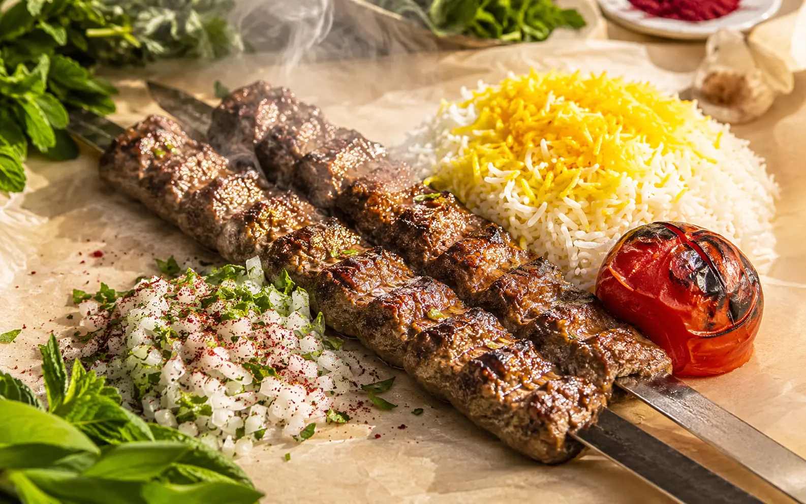 Persian beef kubideh kebab plate
