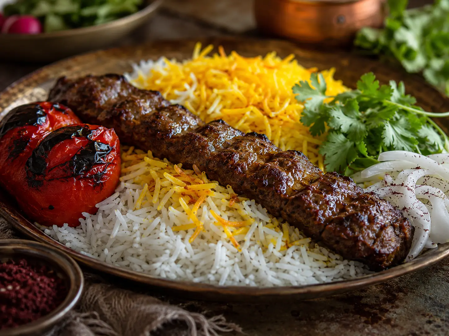 Grilled beef kebab with herbs and charred edges
