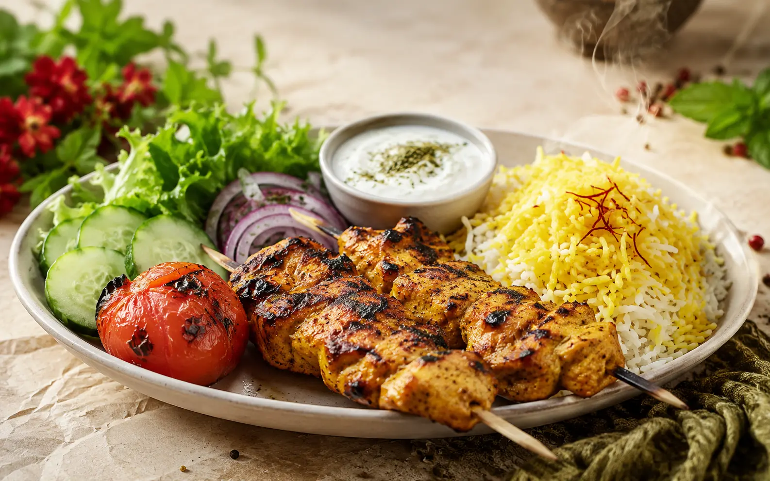Saffron-marinated chicken kebab plate