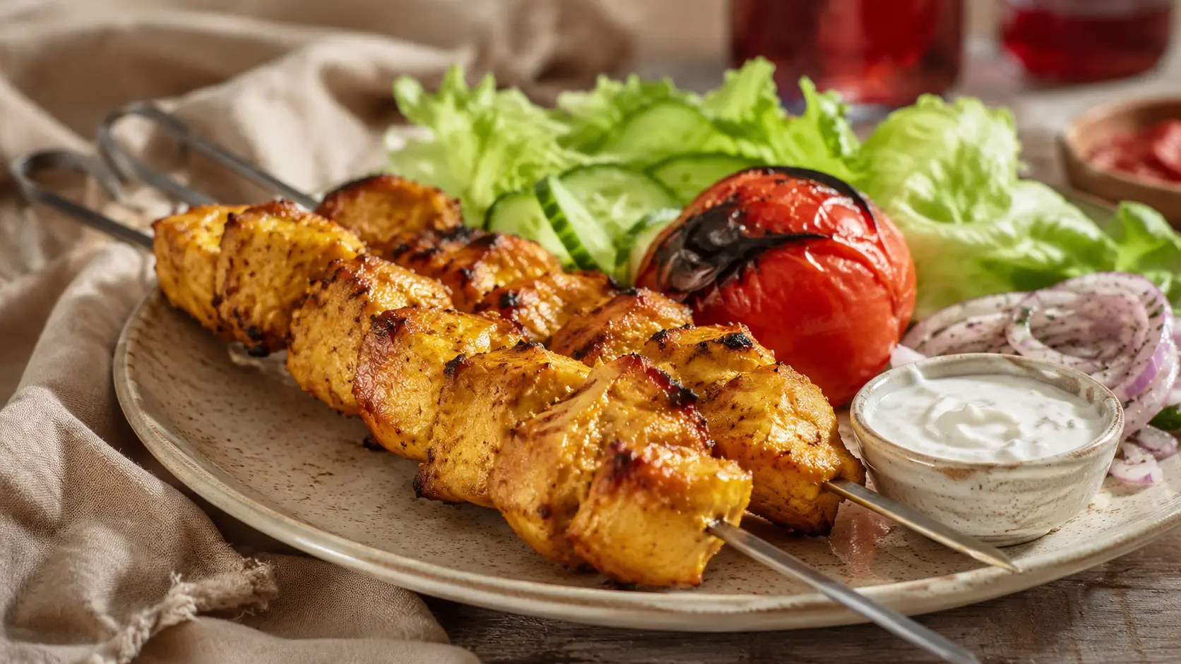 Grilled chicken skewers with charred vegetables