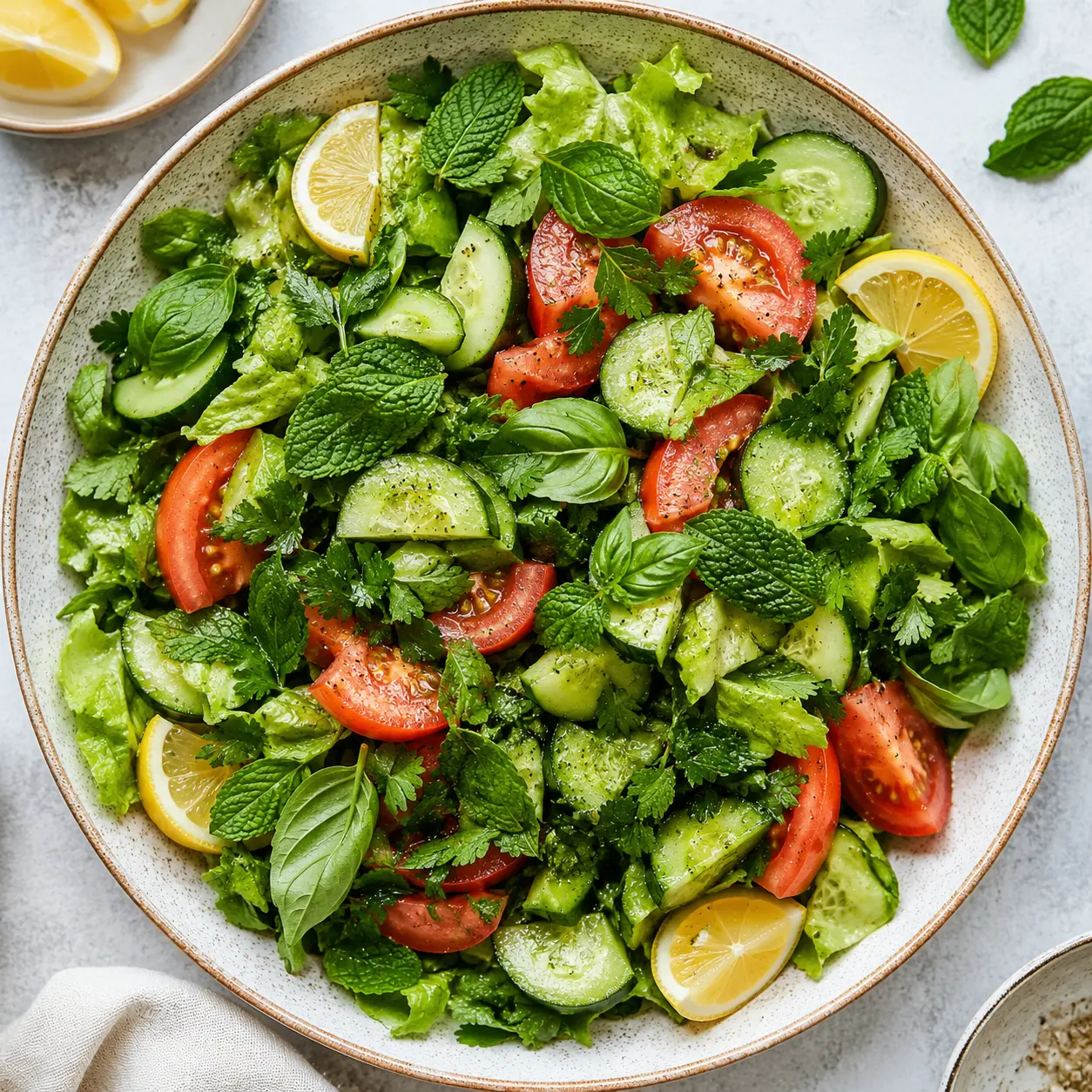 Fresh herb and green salad with cucumber, tomato, and lemon
