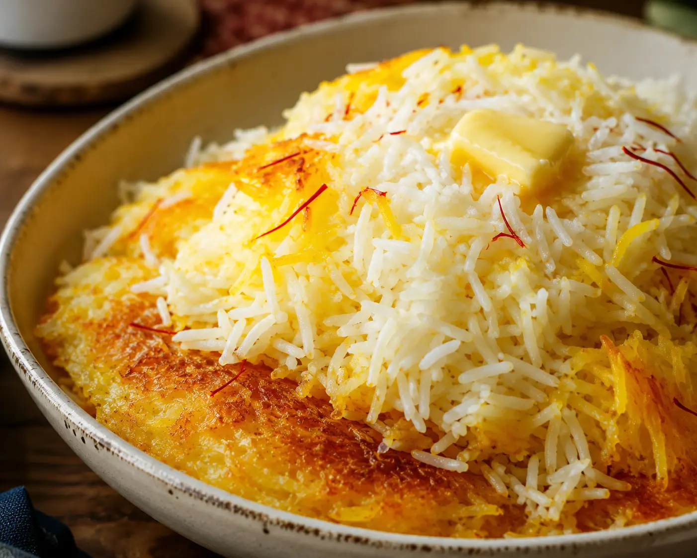 Golden saffron rice in a shallow bowl