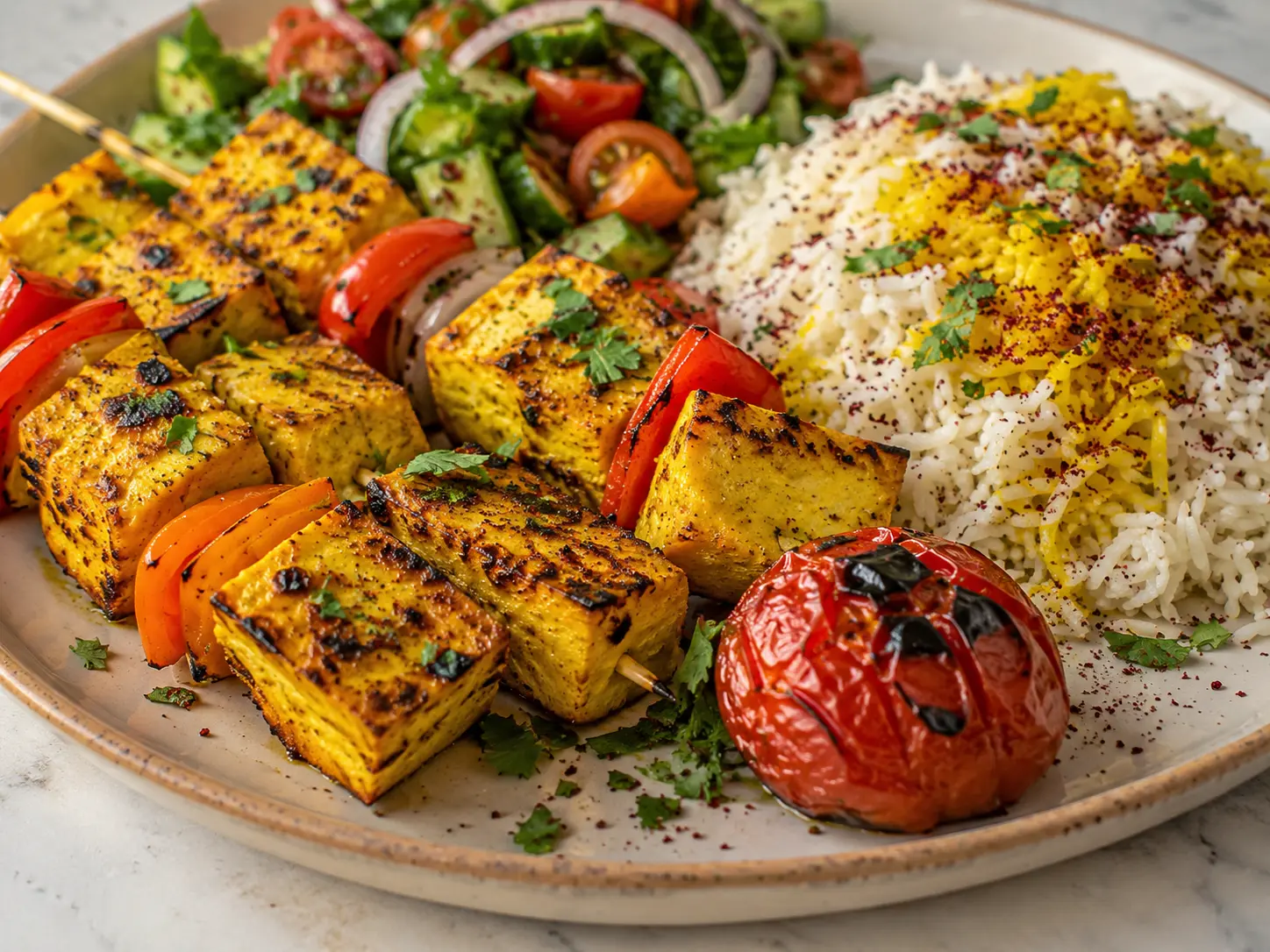 Colorful vegetables and tofu-style plant-based plate